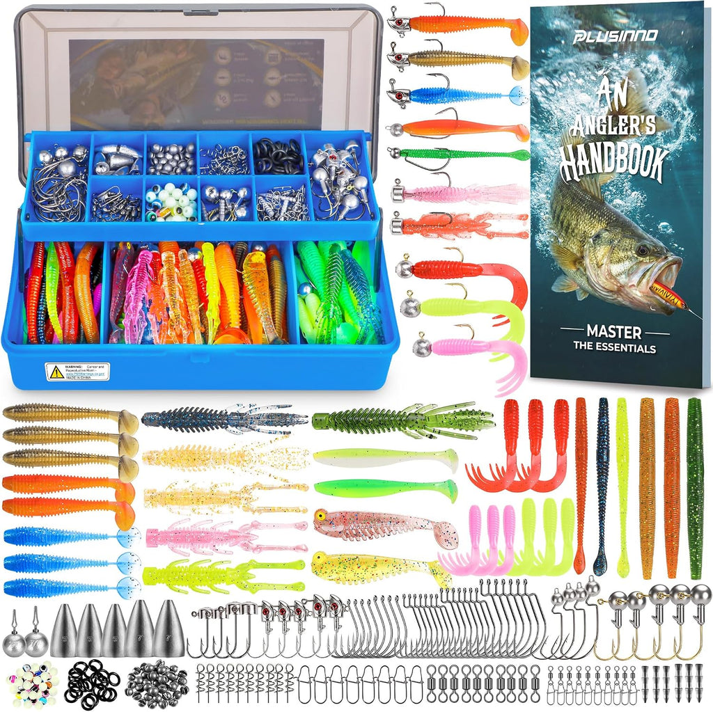 Fishing Lures Kit, 211Pcs Tackle Box with Tackle Included, Bass Fishing Kit with Pre-Rigged Jig Head Lures, Soft Baits, Hooks, Weights, Freshwater Fishing Gear for Walleye Crappie Trout
