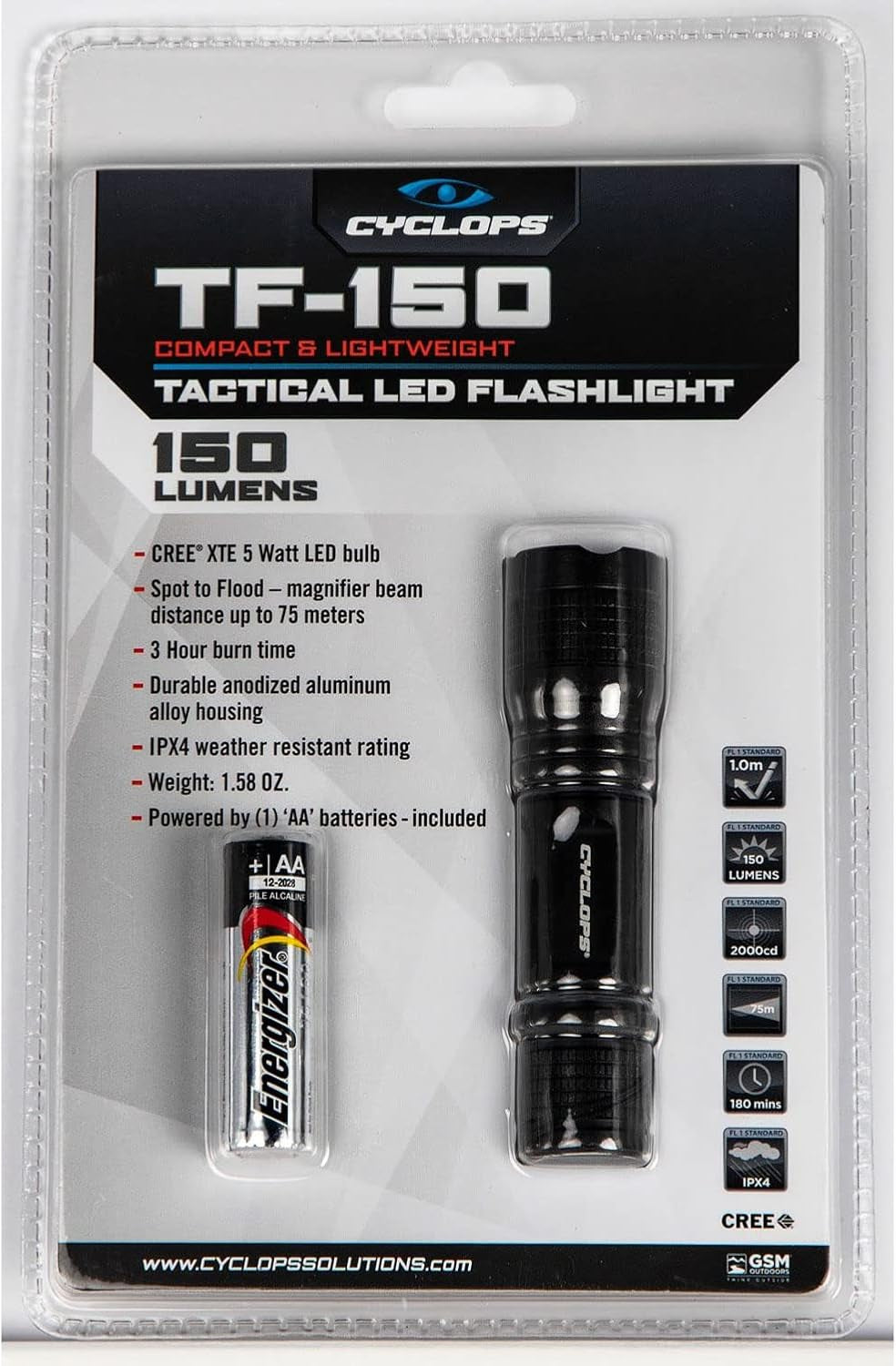 TF-150 Tactical Durable Lightweight Weather Resistant IPX4 Compact Bright 5 Watt LED Flashlight | AA Energizer Battery Included