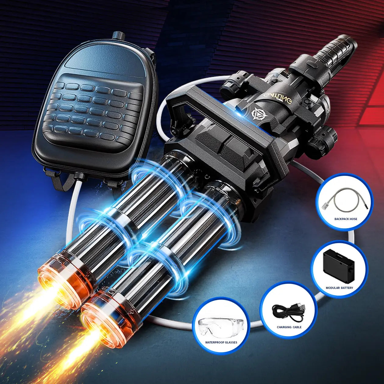 Gatling Electric Water Adults & Kids, Dual-Barrel, up to 49Ftmost Powerful Automatic Long-Range Squirt with LED Water-Sensor, Largewater Tank & Battery, Outdoor Toy, Summer Beach Toys Parties Play Pool for Yard Easter Gift Neat Gun Ball Shooting Game