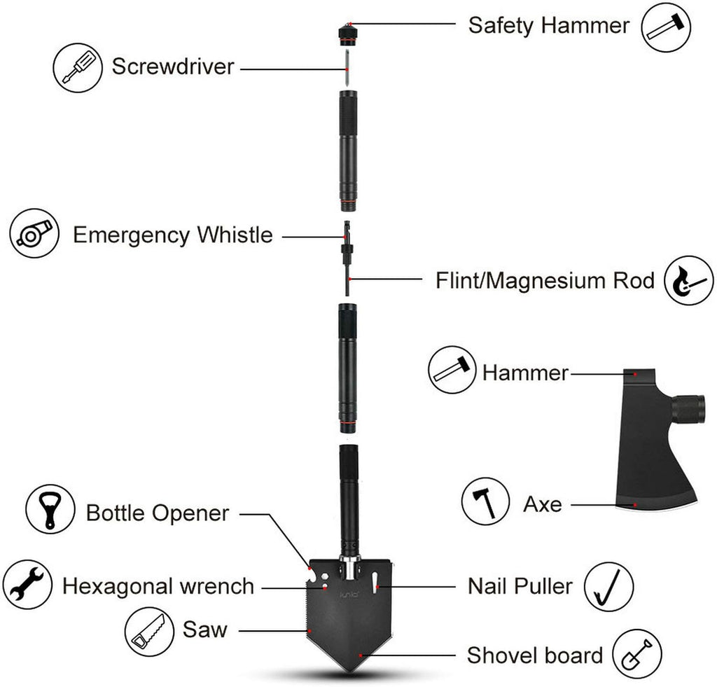 Camping Shovel,Shovel Folding, Portable, Multitool, Foldable Entrenching Tool, Collapsible Spade, for Backpacking, Trenching, Hiking, Survival, Car Emergency
