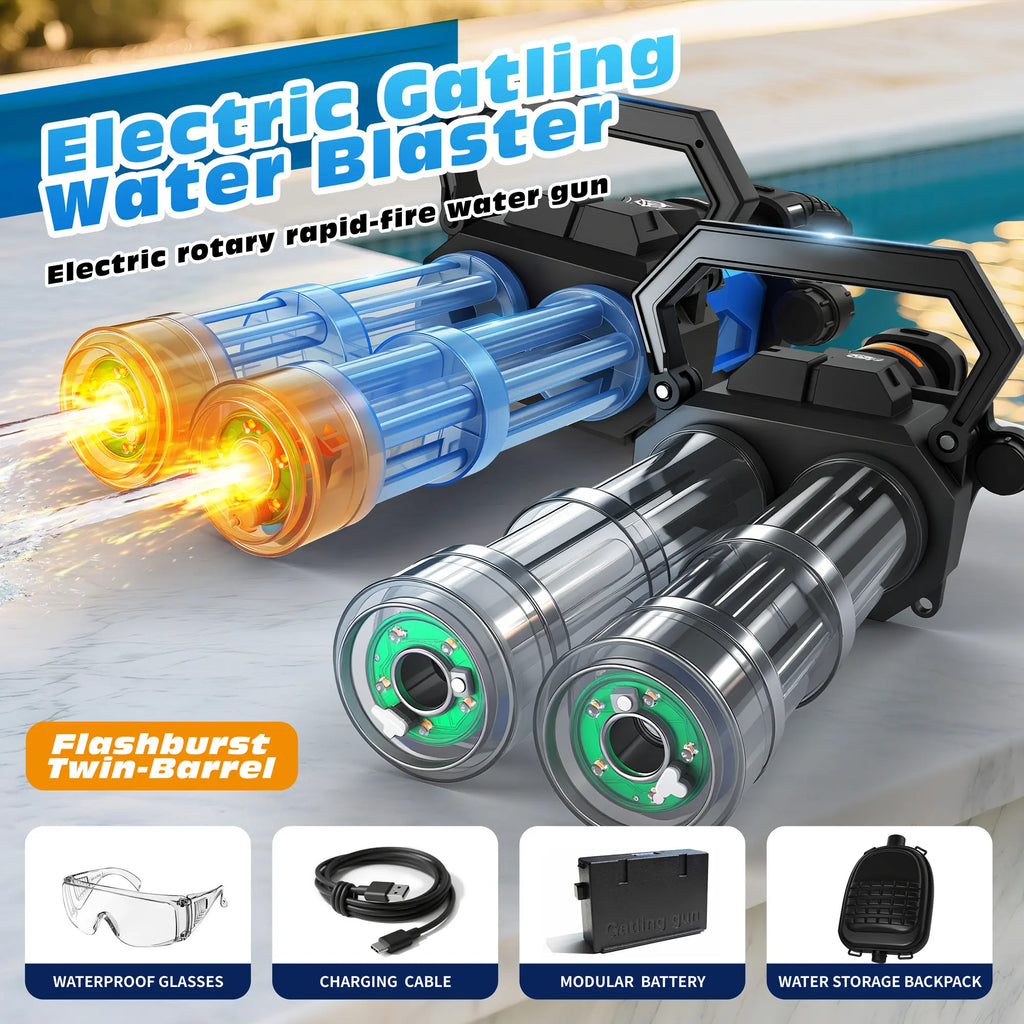 Gatling Electric Water Adults & Kids, Dual-Barrel, up to 49Ftmost Powerful Automatic Long-Range Squirt with LED Water-Sensor, Largewater Tank & Battery, Outdoor Toy, Summer Beach Toys Parties Play Pool for Yard Easter Gift Neat Gun Ball Shooting Game