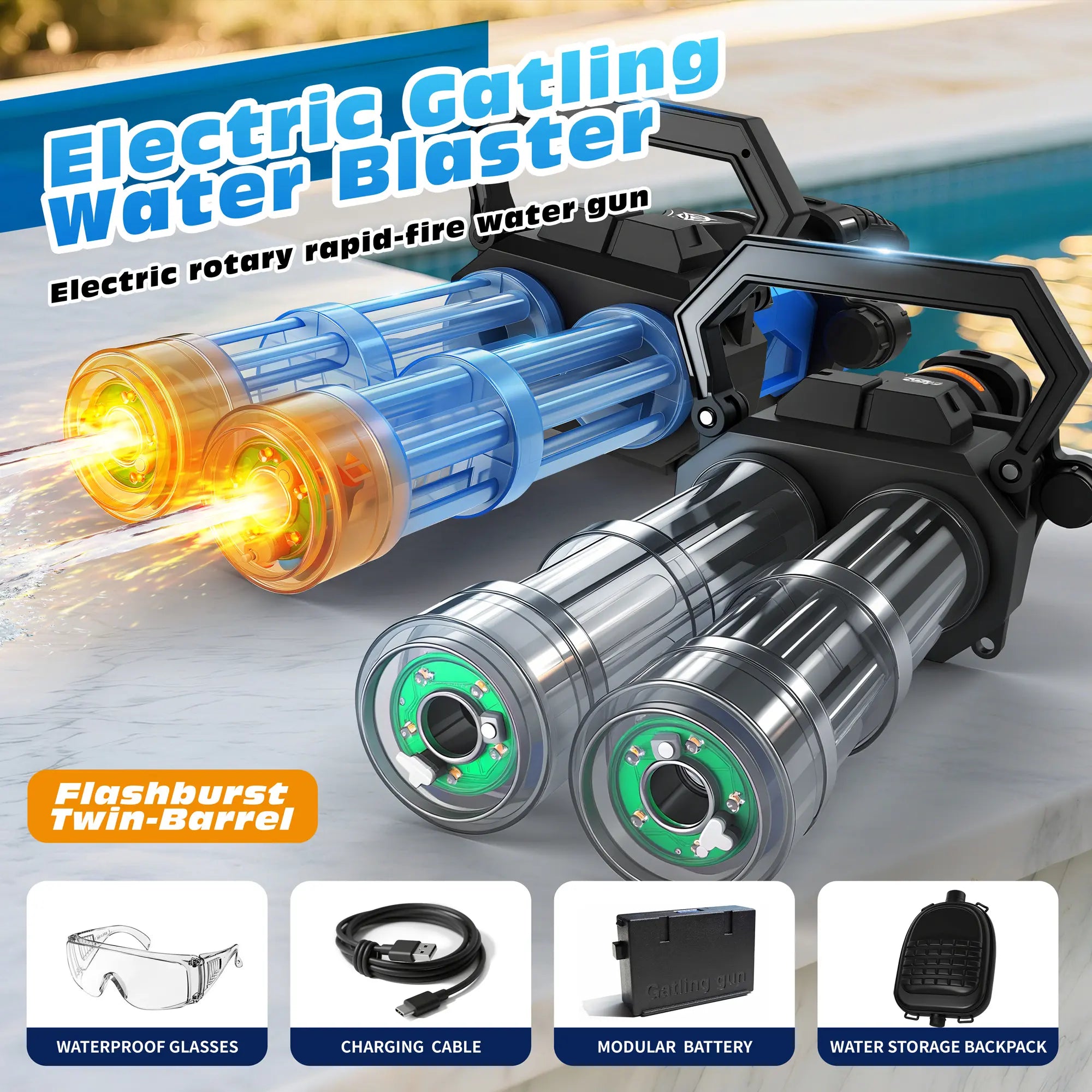 Gatling Electric Water Adults & Kids, Dual-Barrel, up to 49Ftmost Powerful Automatic Long-Range Squirt with LED Water-Sensor, Largewater Tank & Battery, Outdoor Toy, Summer Beach Toys Parties Play Pool for Yard Easter Gift Neat Gun Ball Shooting Game