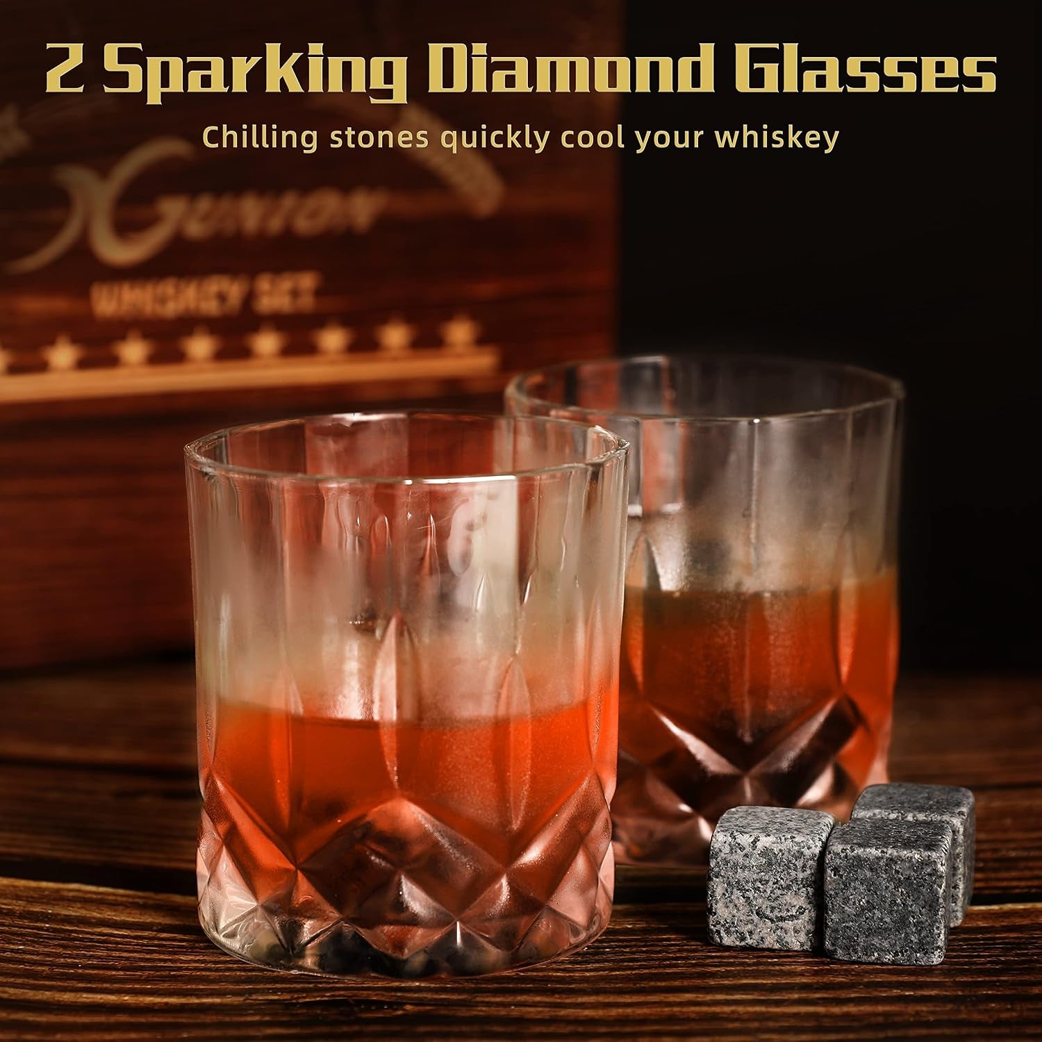 Whiskey Stones Gift Set for Men Dad Father’S Day Whiskey Glasses Set 2 Bourbon Glasses 8 Granite Chilling Rocks with Tongs Perfect for House Warming Anniversary Birthday for Men