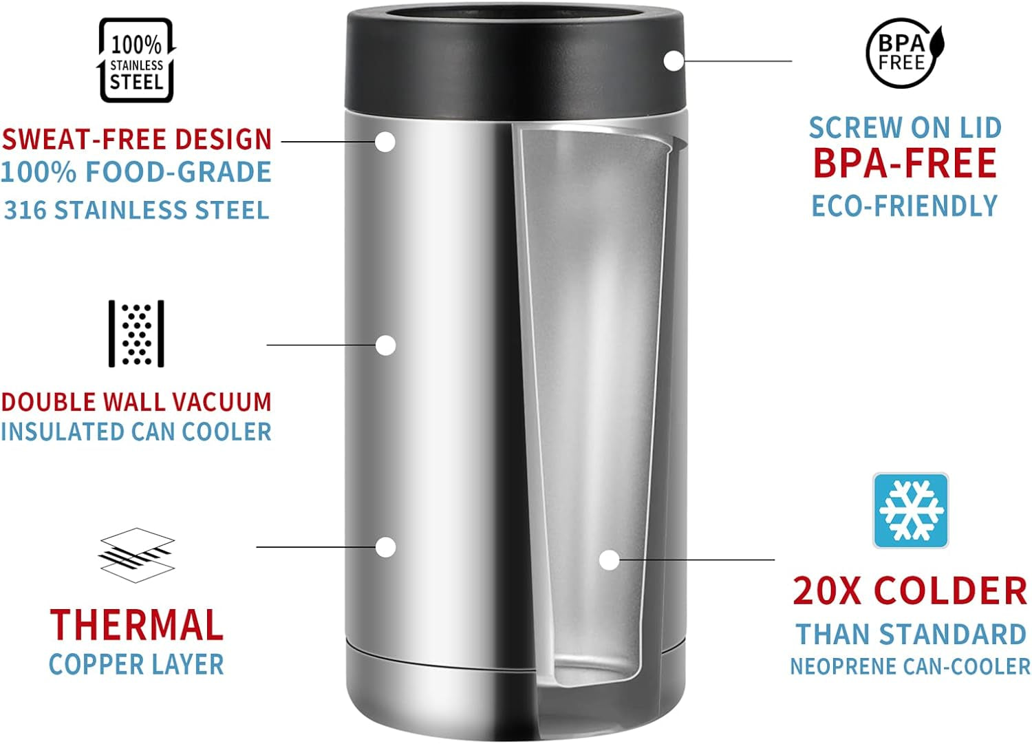 16Oz Stainless Steel Double Wall Insulated Can Cooler, Beer Bottle Holder, Bottle or Tumbler for Slim Beer & Hard Seltzer Canss（Silver）
