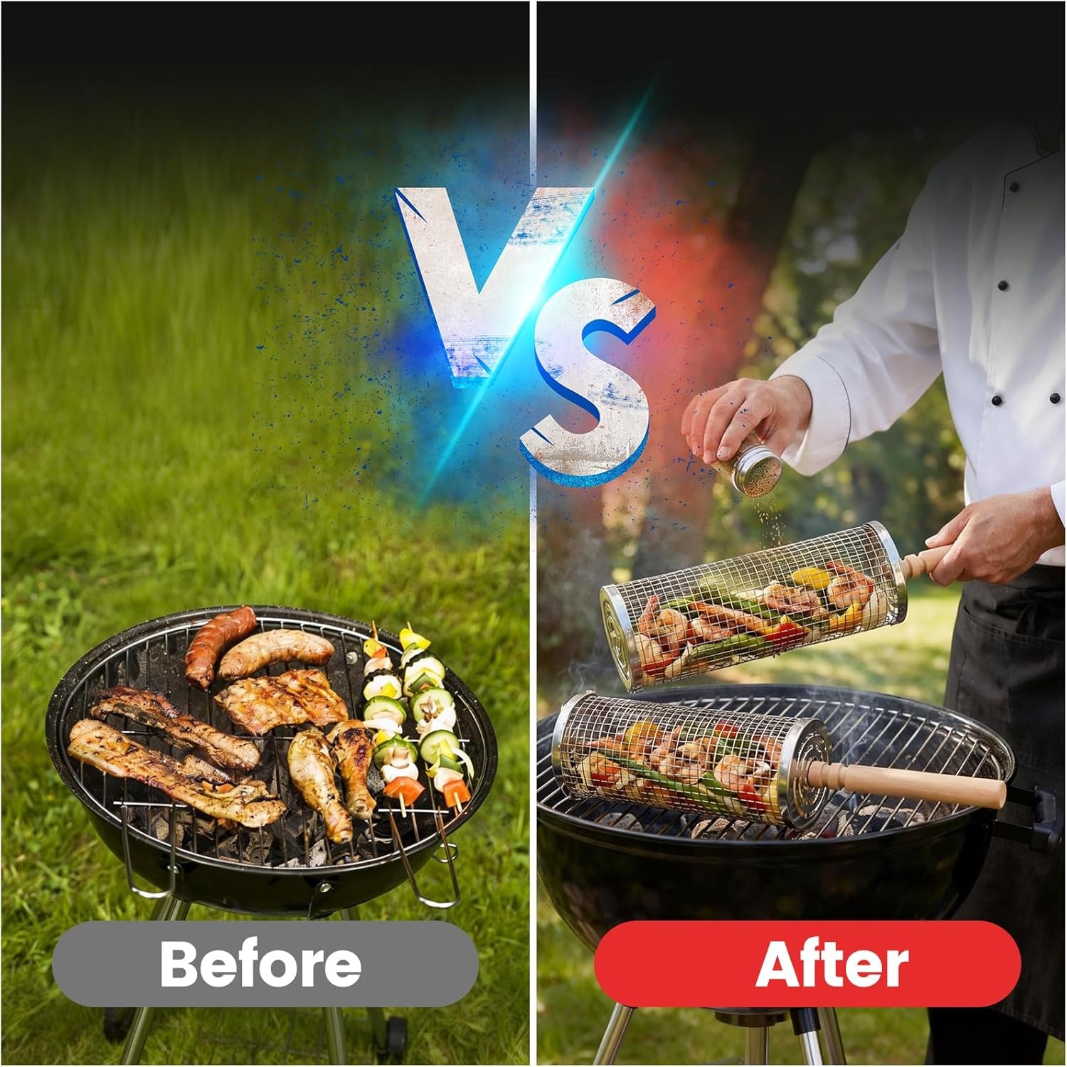 Rolling Grill Baskets, Stainless Steel BBQ Set for Vegetables Seafood Meat | Portable for Camping, Father’S Day Gift, Nestable & Space‑Saving, Even Heat Distribution, Easy to Clean, Men Gift