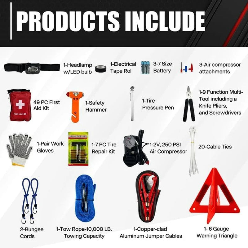 90-Piece Car Emergency Kit, All-In-One Roadside Assistance Kit with Air Compressor, Jumper Cables