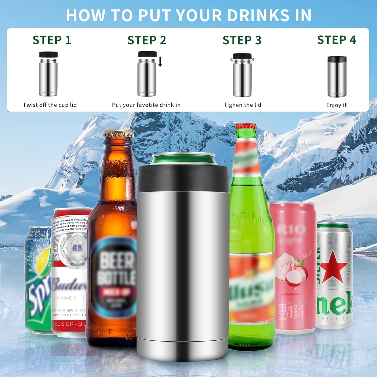 16Oz Stainless Steel Double Wall Insulated Can Cooler, Beer Bottle Holder, Bottle or Tumbler for Slim Beer & Hard Seltzer Canss（Silver）