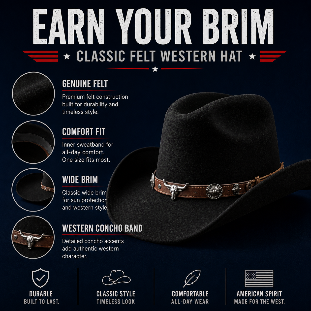 Classic Felt Western Cowboy Hat, Wide Brim