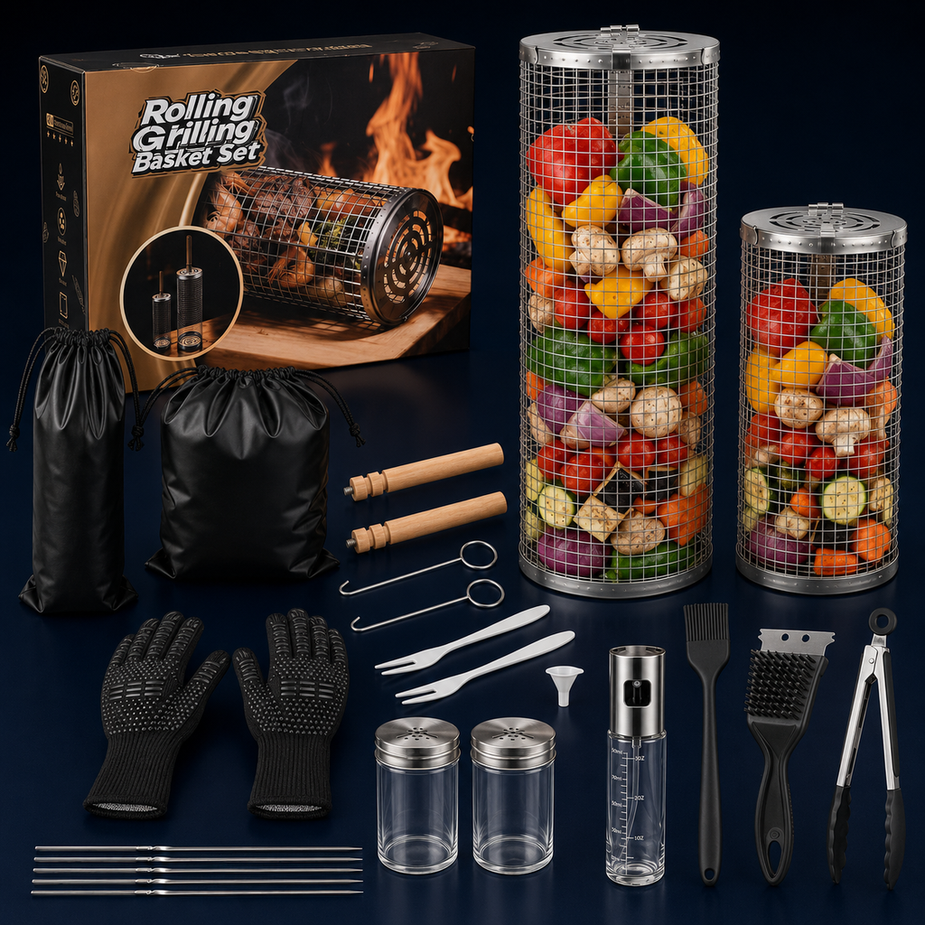 Rolling Grill Basket Set, Stainless Steel BBQ Baskets