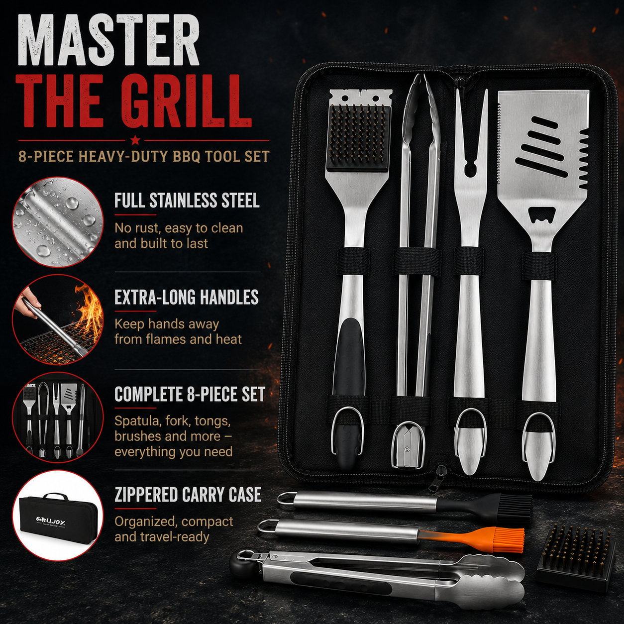 8-Piece Heavy-Duty Stainless Steel BBQ Grill Tool Set