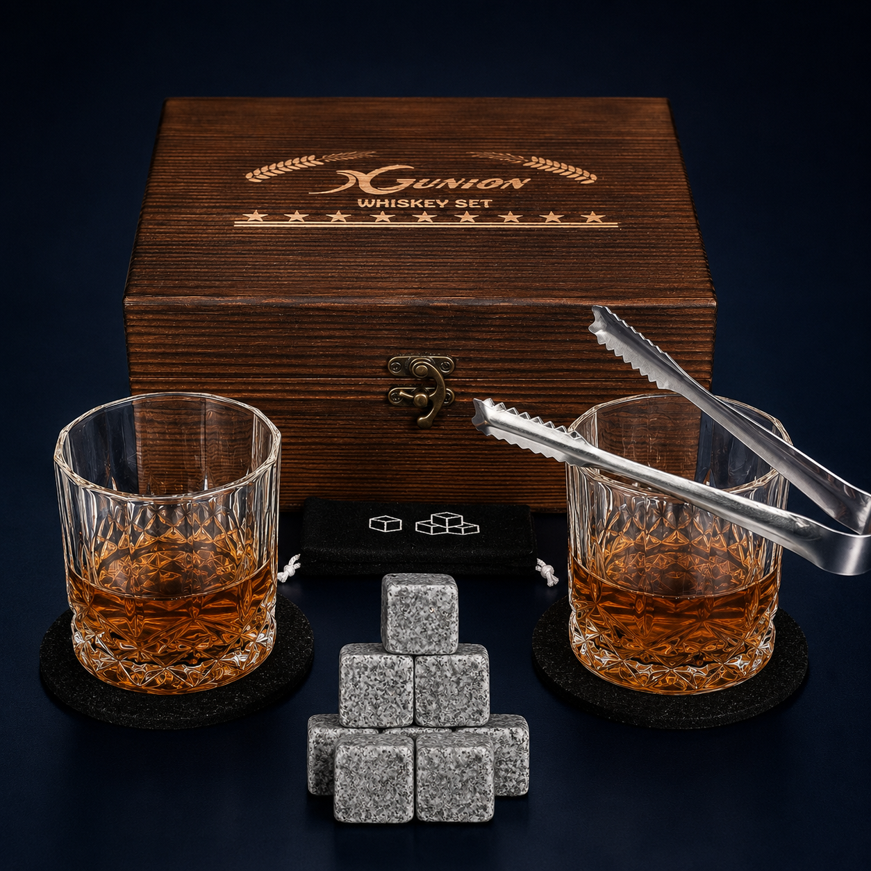 Whiskey Stones Gift Set, 2 Bourbon Glasses + 8 Granite Chilling Rocks