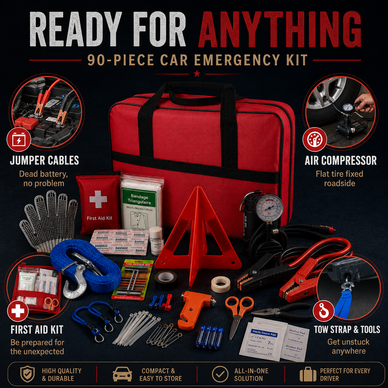90-Piece Car Emergency Kit, Jumper Cables, Air Compressor & More