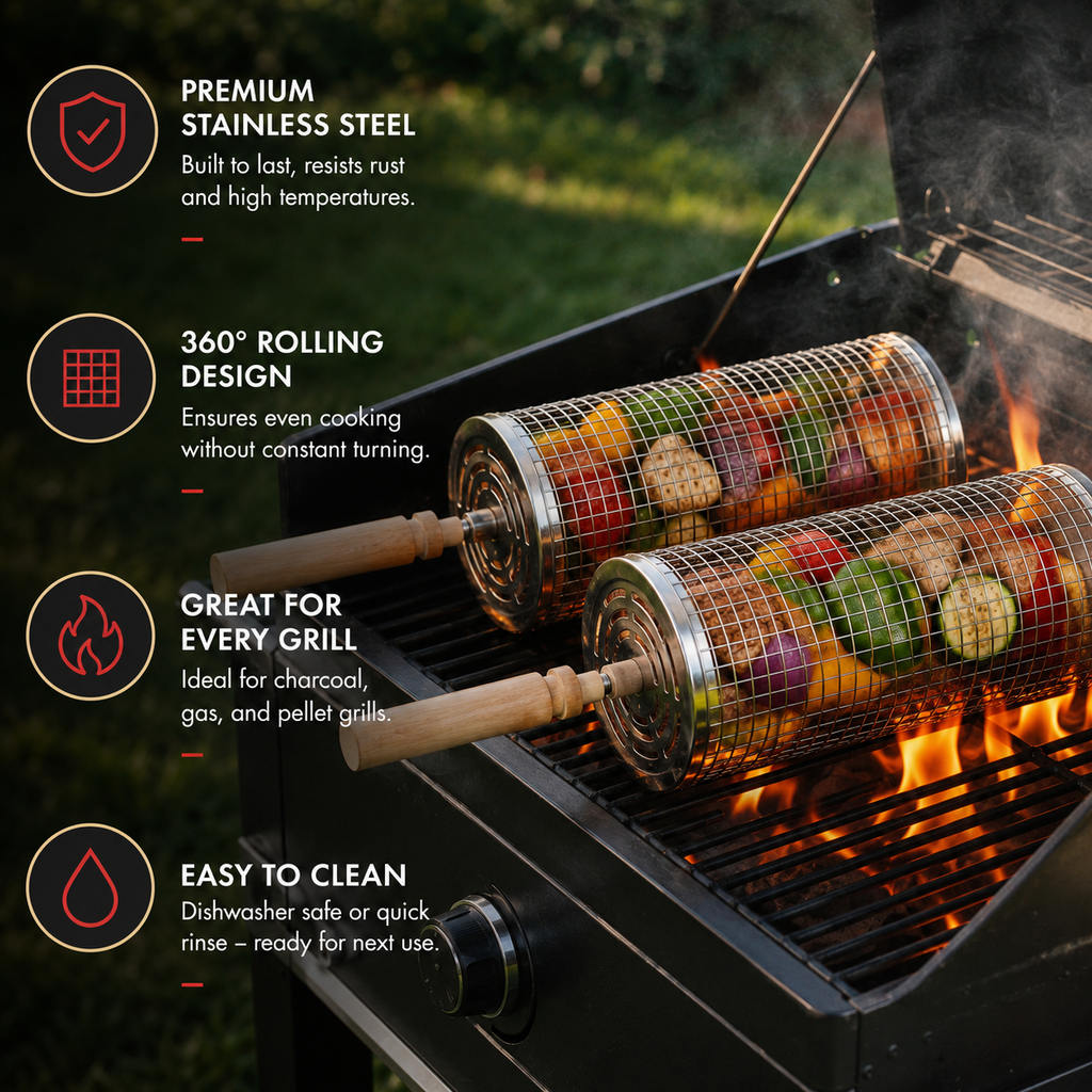 Rolling Grill Basket Set, Stainless Steel BBQ Baskets