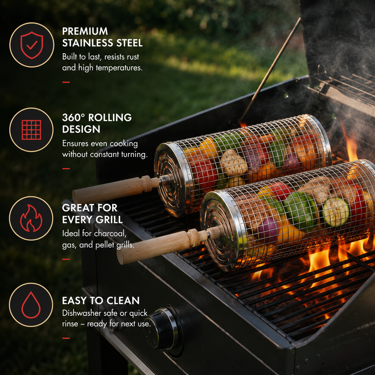 Rolling Grill Basket Set, Stainless Steel BBQ Baskets