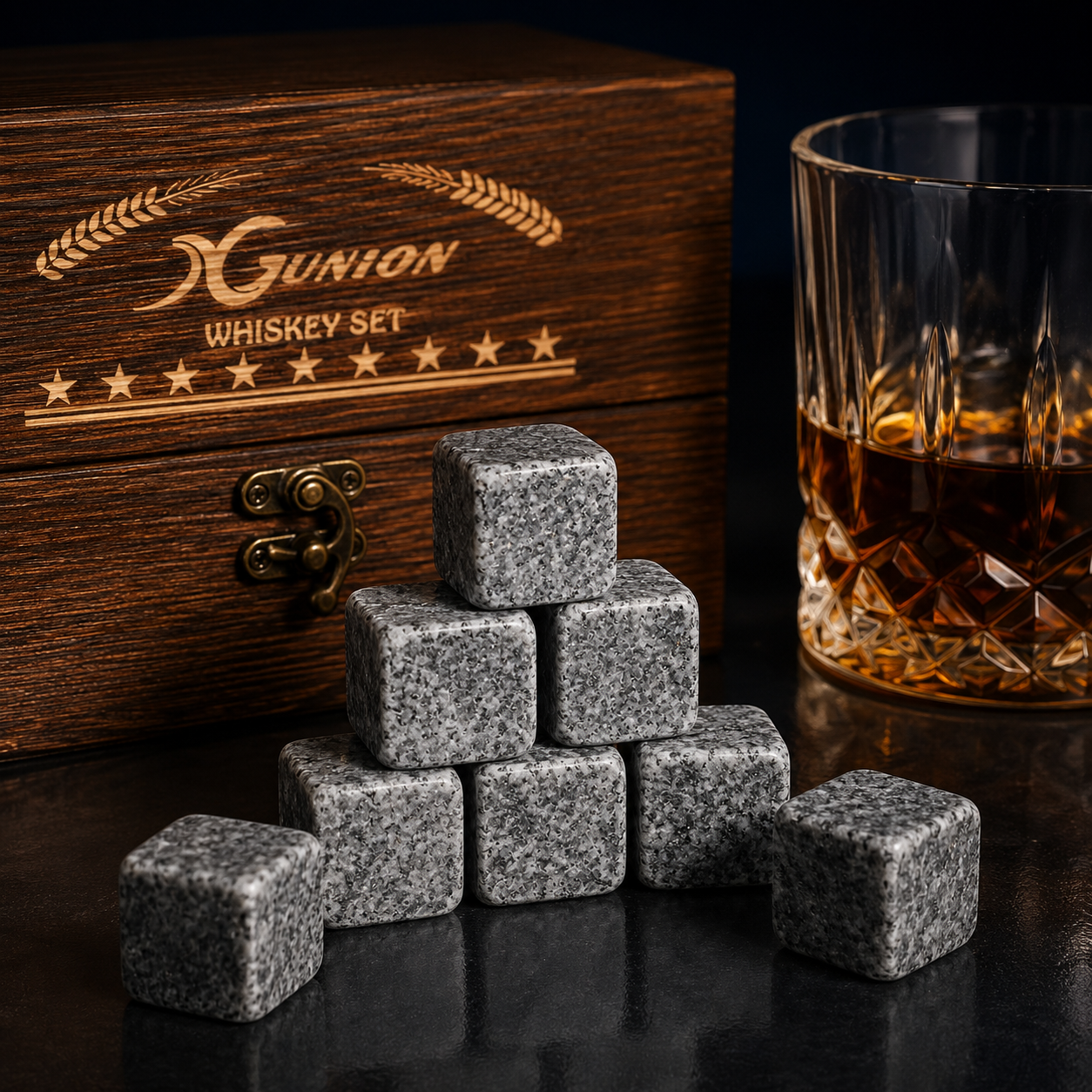 Whiskey Stones Gift Set, 2 Bourbon Glasses + 8 Granite Chilling Rocks