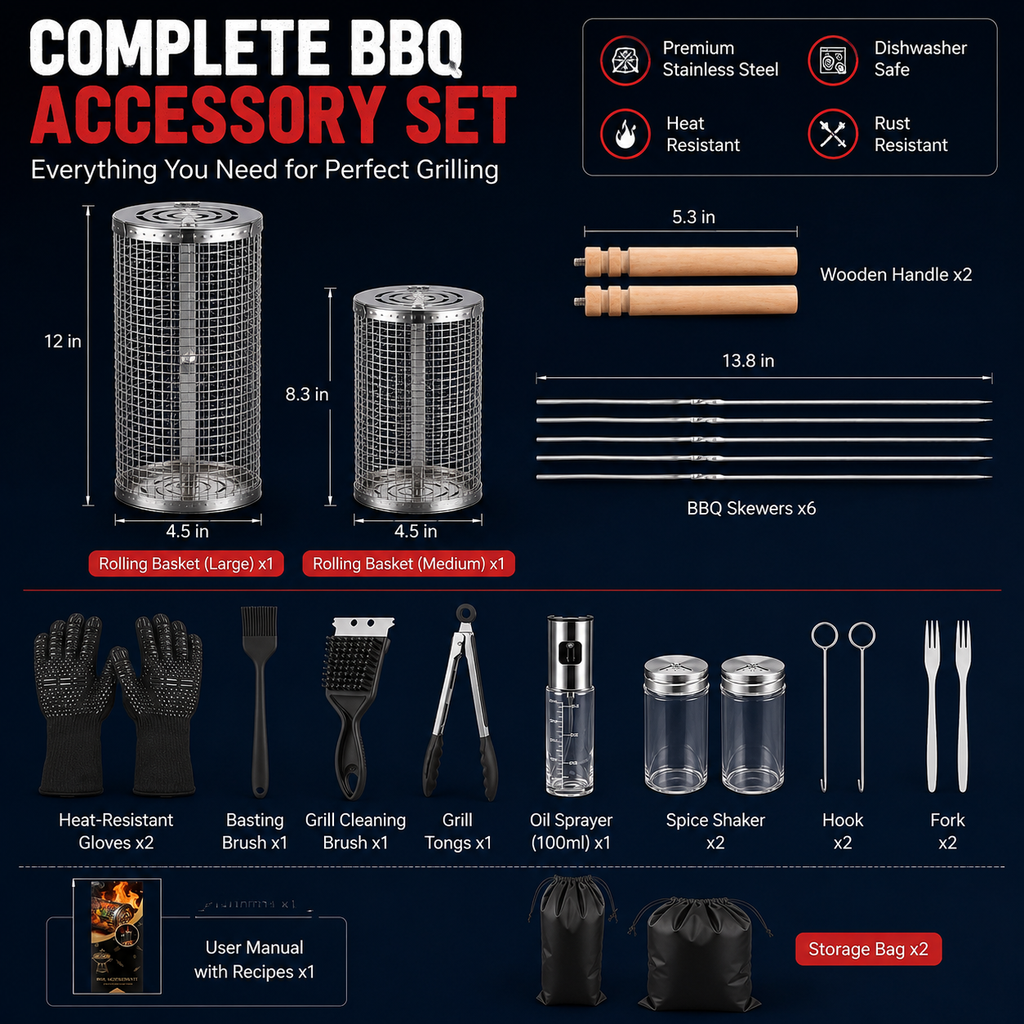 Rolling Grill Basket Set, Stainless Steel BBQ Baskets
