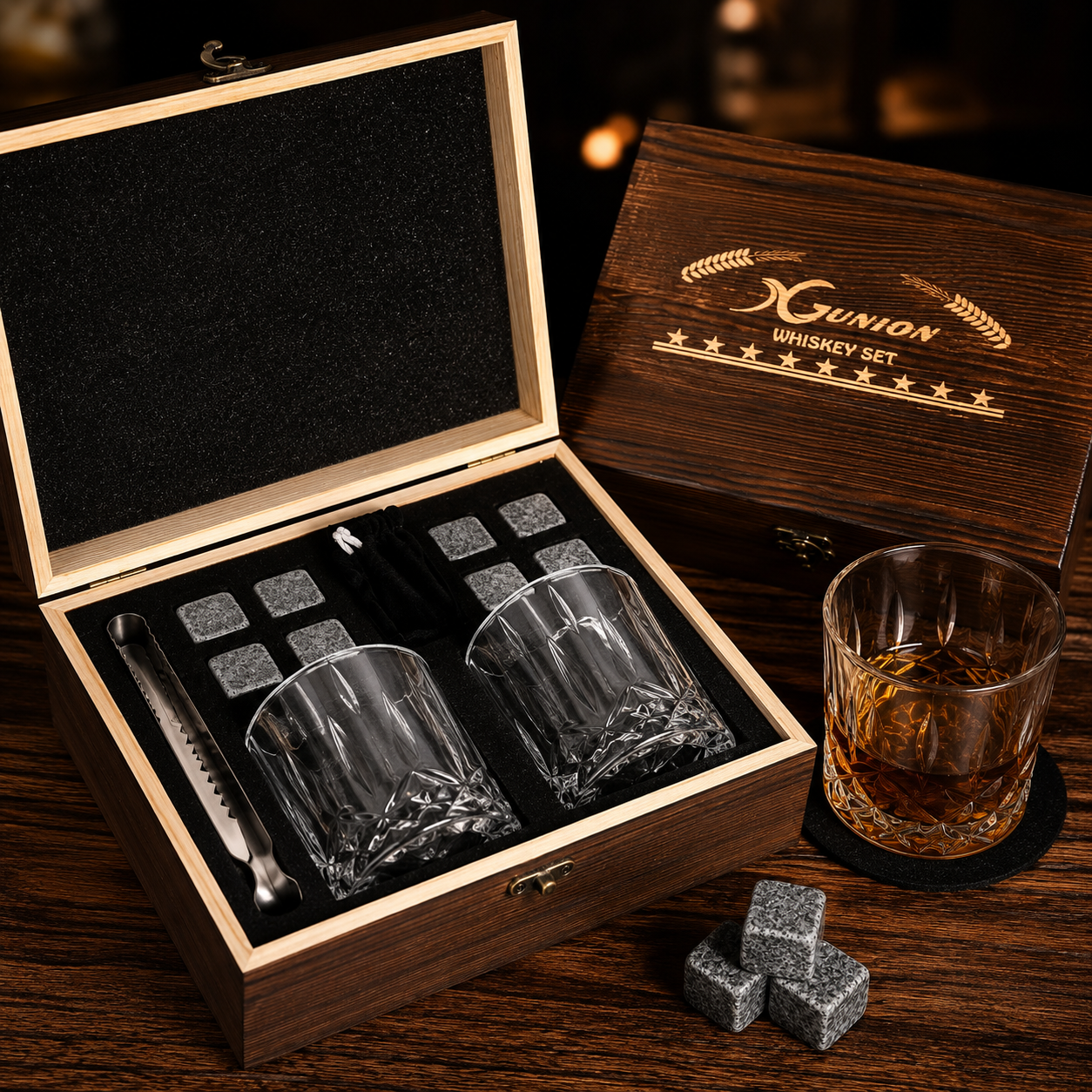 Whiskey Stones Gift Set, 2 Bourbon Glasses + 8 Granite Chilling Rocks