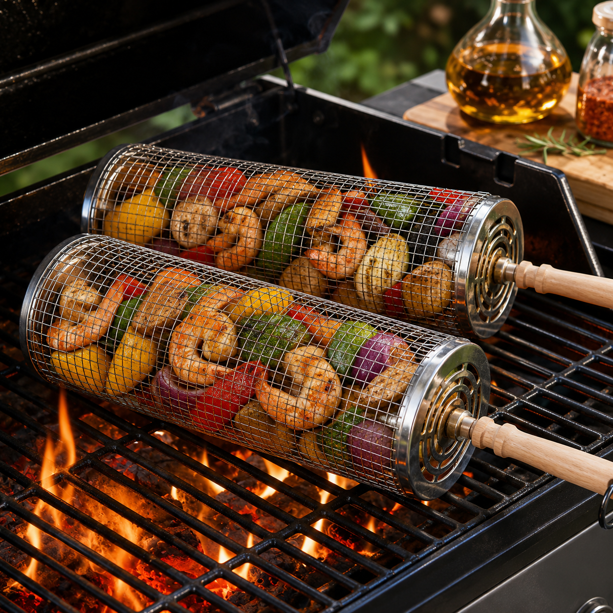 Rolling Grill Basket Set, Stainless Steel BBQ Baskets
