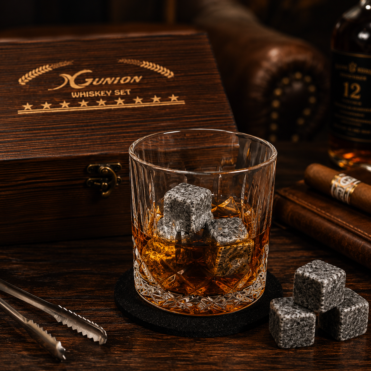 Whiskey Stones Gift Set, 2 Bourbon Glasses + 8 Granite Chilling Rocks