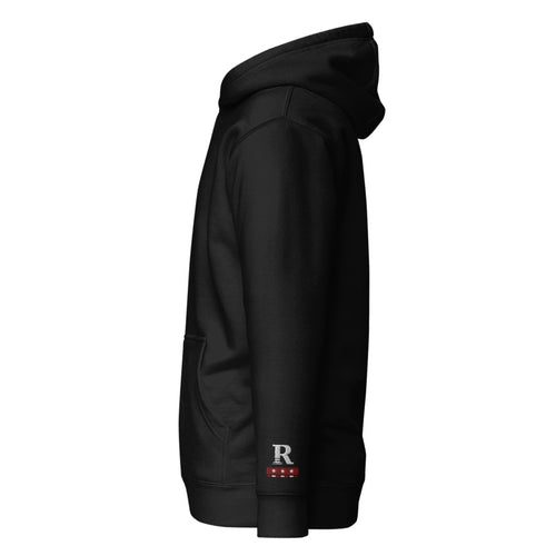 Ronny's Quiet Mark Hoodie — Black, left sleeve embroidered R