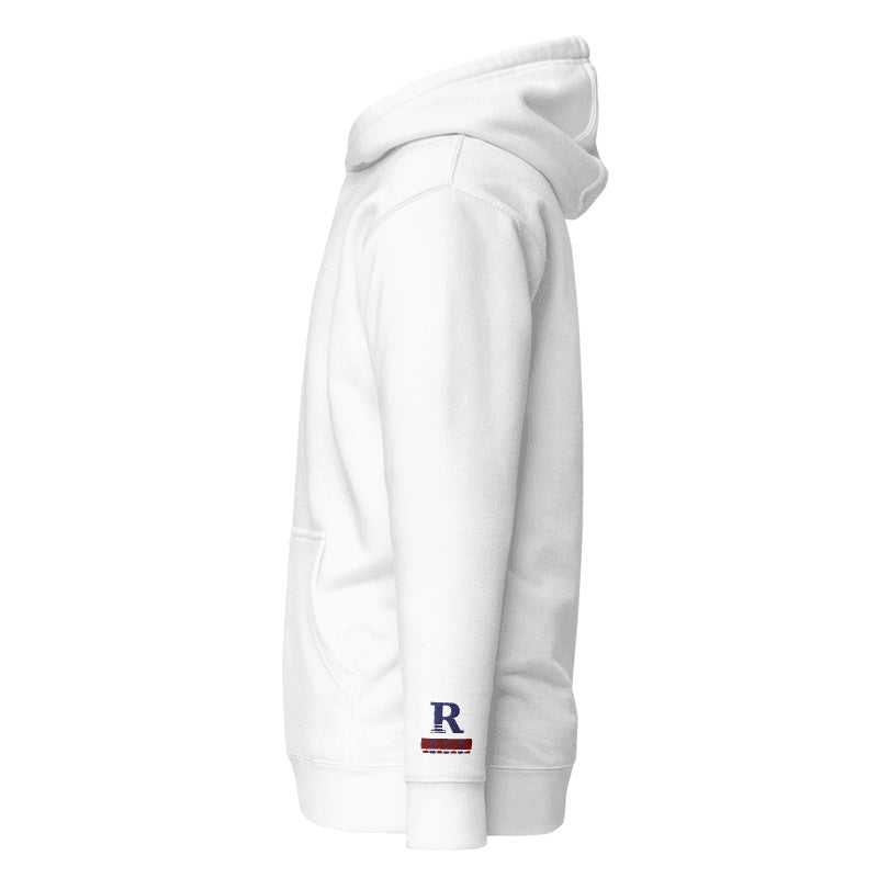 Ronny's Quiet Mark Hoodie — White, left sleeve embroidered R