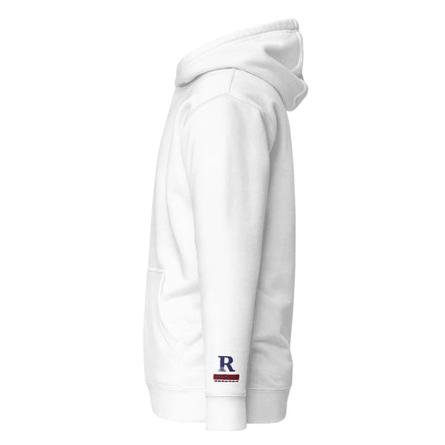 Ronny's Quiet Mark Hoodie — White, left sleeve embroidered R