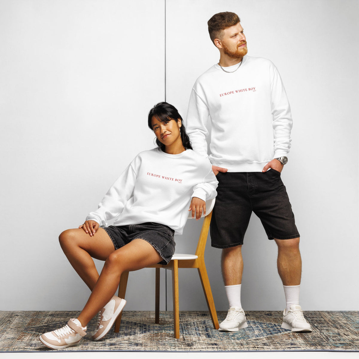 Man and woman wearing the White Pillar Crewneck