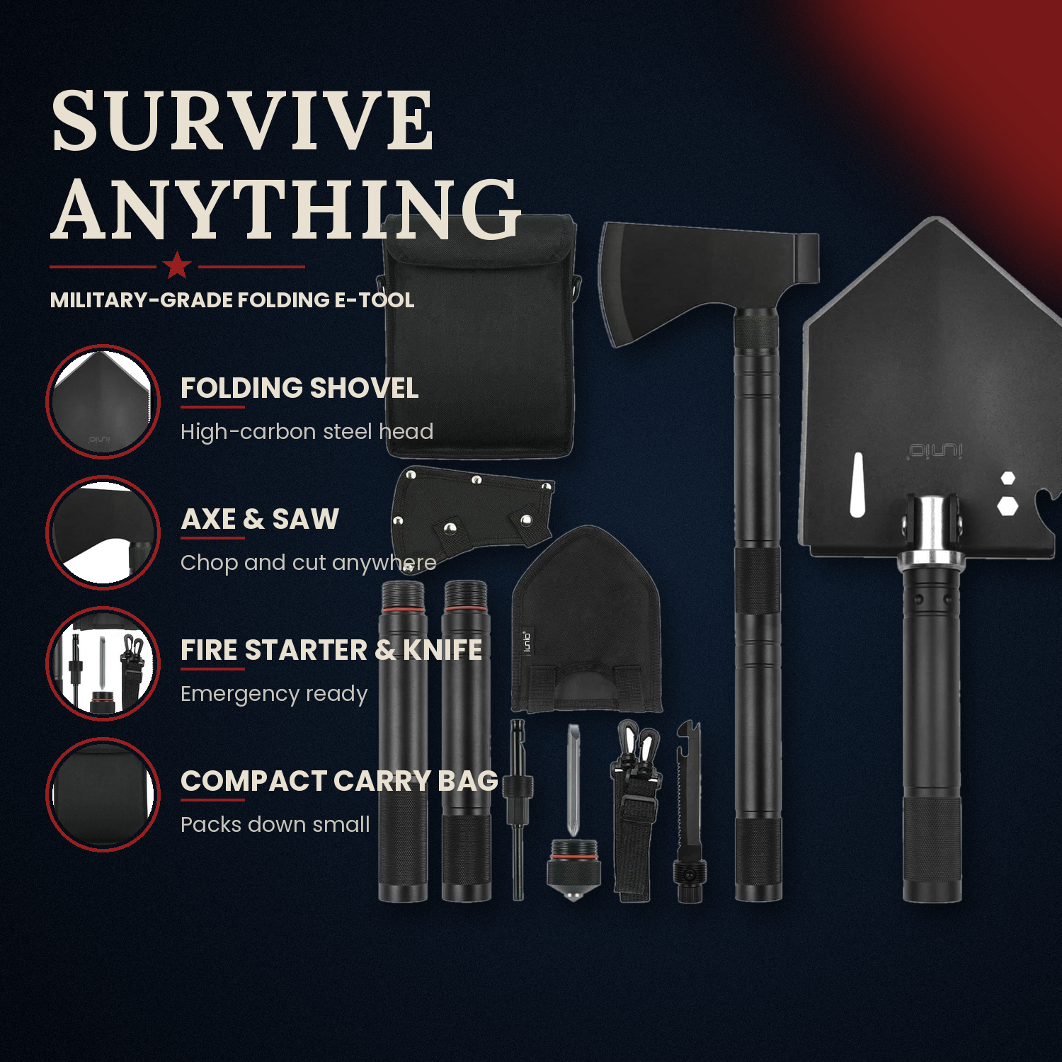 Survival Shovel & Axe Kit, 28" Military Folding E-Tool