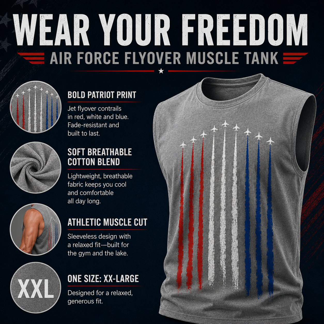 American Flag Air Force Flyover Tank Top, Patriotic Muscle Shirt