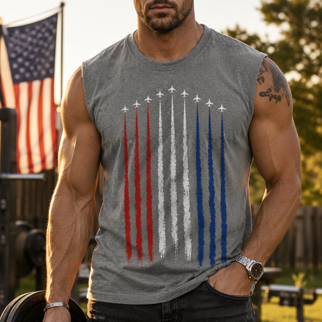 American Flag Air Force Flyover Tank Top, Patriotic Muscle Shirt